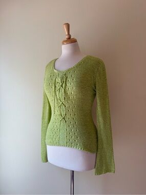 Vintage Yitai Lime Green Lace-Up Knit Sweater Top